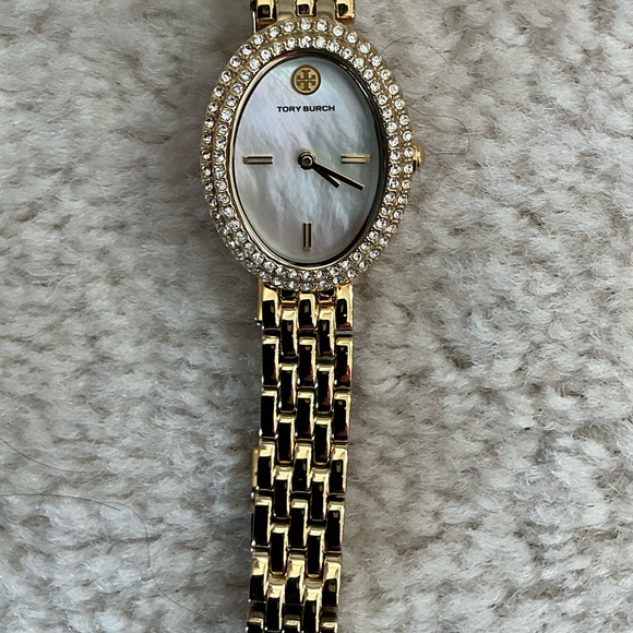 BEAUTIFUL TORY BURCH MOTHER OF PEARL PAVE EMBELLISHED GOLD TONE WATCH - Picture 10 of 16